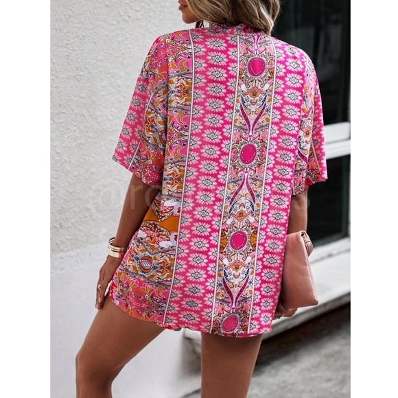 2 Piece Set: Pink Printed Kimono Shirt and Shorts - Picture 6 of 16